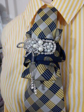 Statement Necktie Necklace with Handcrafted Brooch